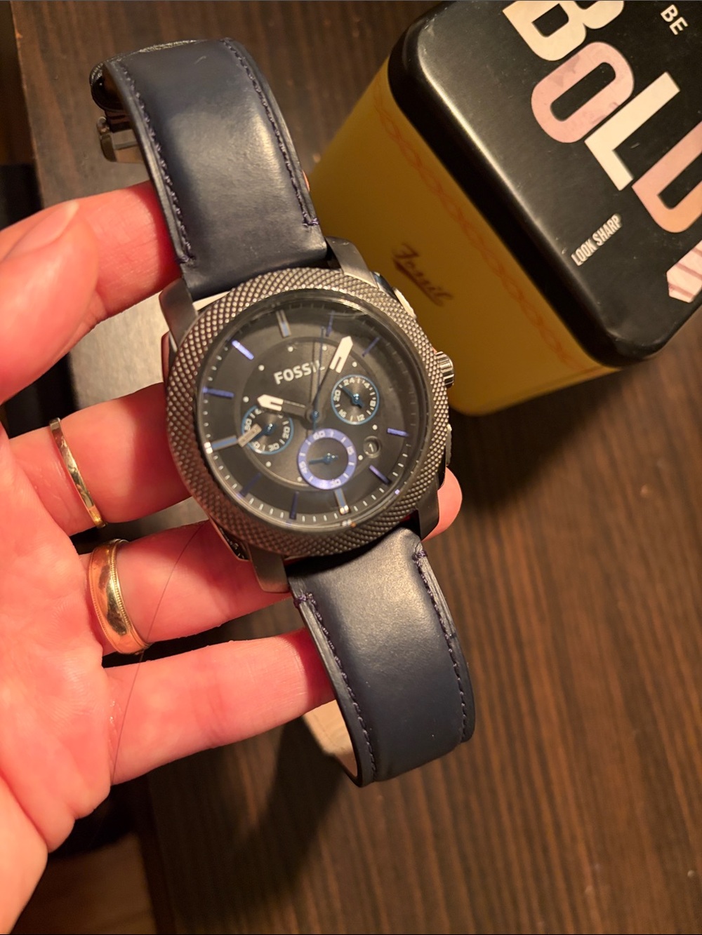 Fossil Men's Blue Leather Chronograph Watch with Gunmetal Case